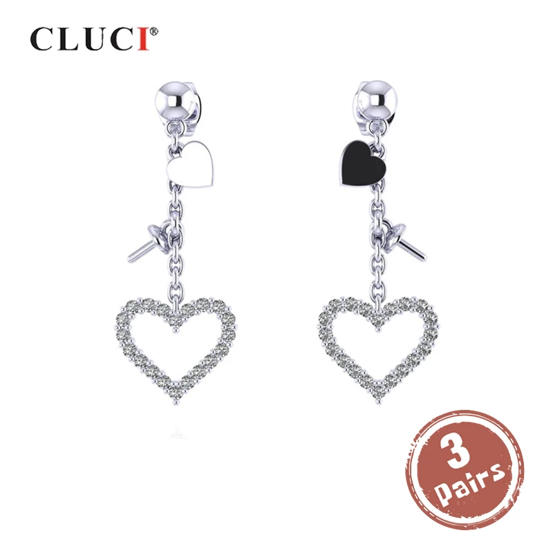 

CLUCI 3 pair wholesale Silver 925 Zircon Earrings For Women Heart Pearl Earrings Mounting Silver 925 Drop Earrings SE104SB