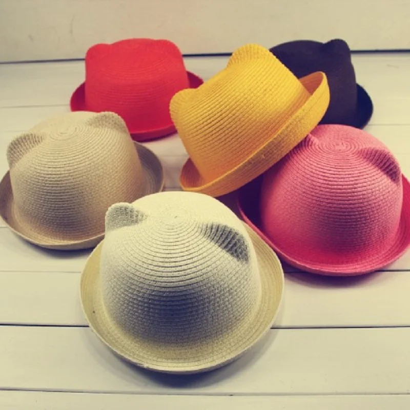 

HONNNMOR Fashion Ears Straw Hats Baby Hats For Girls Bucket Hat Boys Cap Children Sun Summer Cap Kids Solid Beach Panama Caps