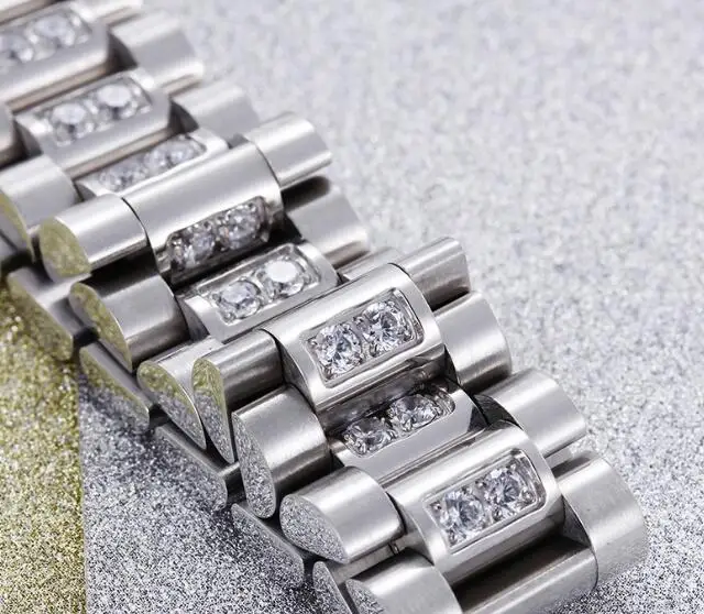 

AAA Cubic zirconia Stainless Steel chain Link Bracelet wristwatch Bling Jewelry for Men's 15mm 8.8''