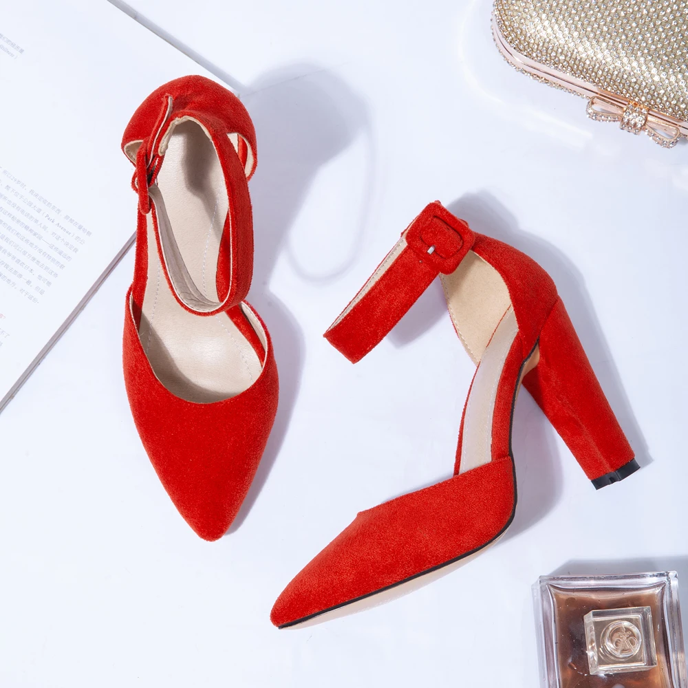 Meotina High Heels Women Shoes Buckle Thick High Heels Wedding Shoes Sexy Pointed Toe Ankle Strap Pumps Female Red Big Size 4 43