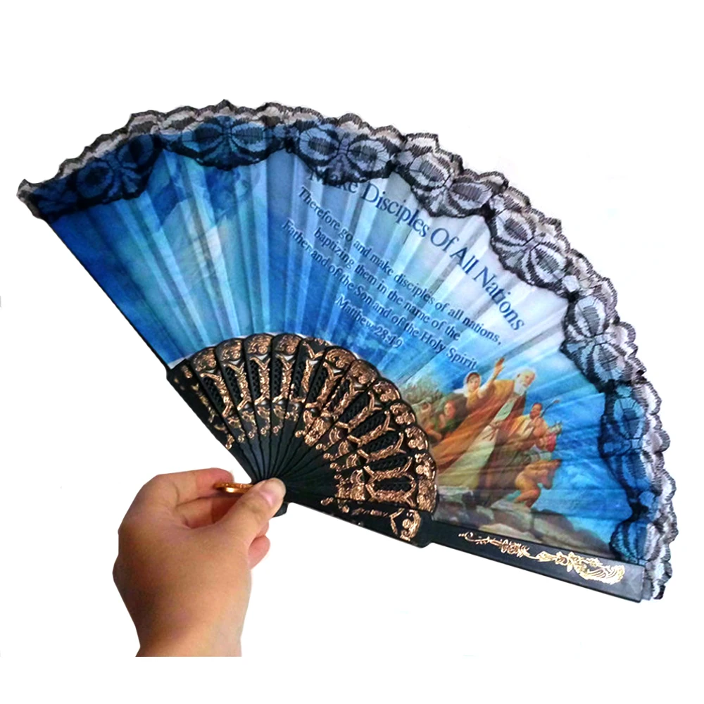 Free Shipping 10pcs/lot Plastic Black Religion Story Printing Spanish Hand Fan Lace Trim Hand Fan Portable Costume Party Favor