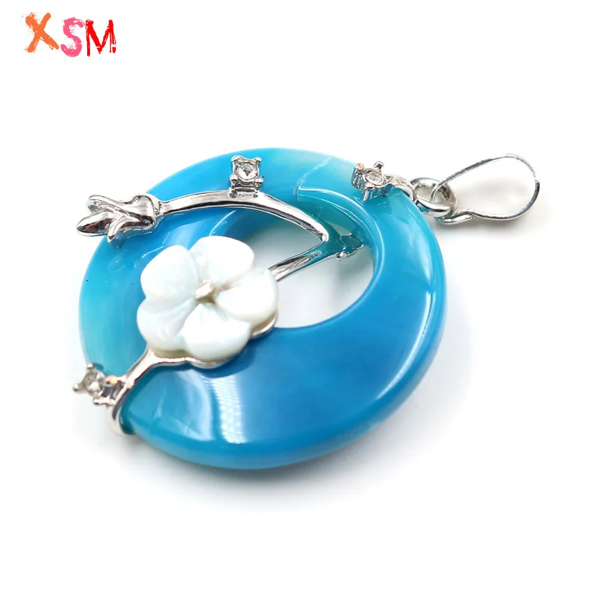 xinshangmie Silver Plated Natural Blue Agates Hollow Round Plum Blossom Pendant Reiki Healing Donut Coin Shaped Women Jewelry