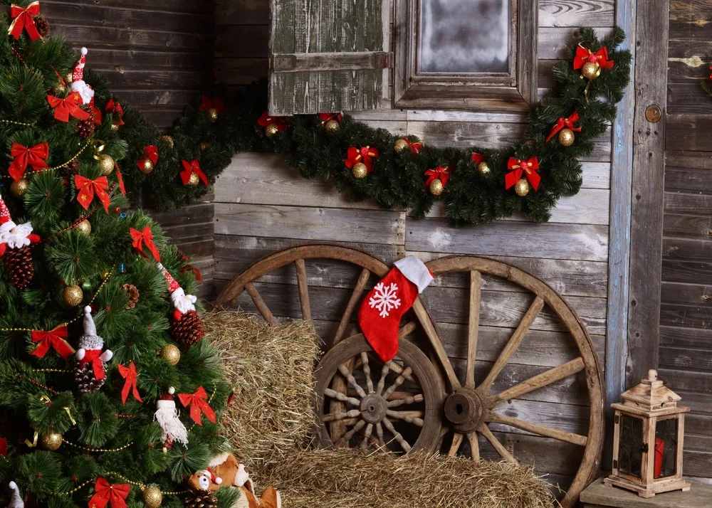 Capisco Christmas tree farm Wooden house photography backdrops newborn backdrop Christmas haystack photo background