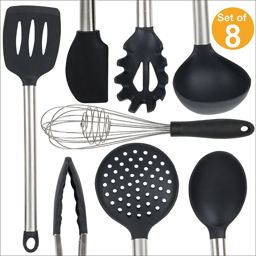 

8 Piece Kitchen Utensil Set - Stainless Steel Metal and Black Silicone Serving Utensils Including Tongs Spoons Spatula Ladle