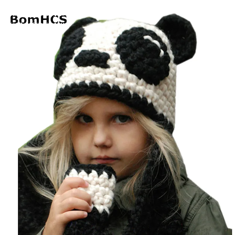 BomHCS New Winter Warm Cartoon Panda Beanie + Scarf 2PCS Suit 100% Handmade Knitting Hat