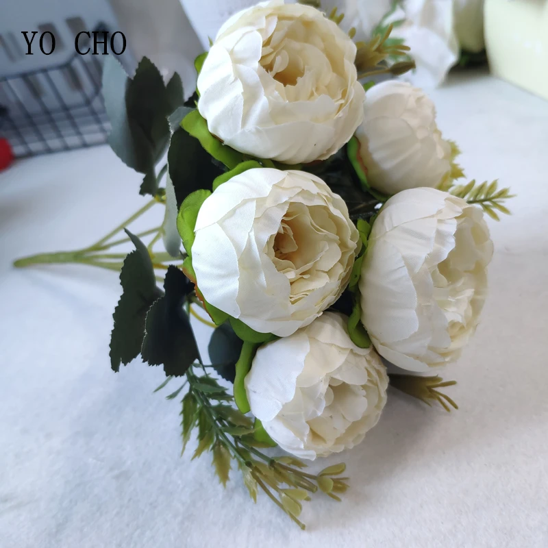 YO CHO  Artificial Peony Bouquet   Silk White Roses   Fake Plastic Flowers  Wedding Decoration   High Quality   6 Heads   China