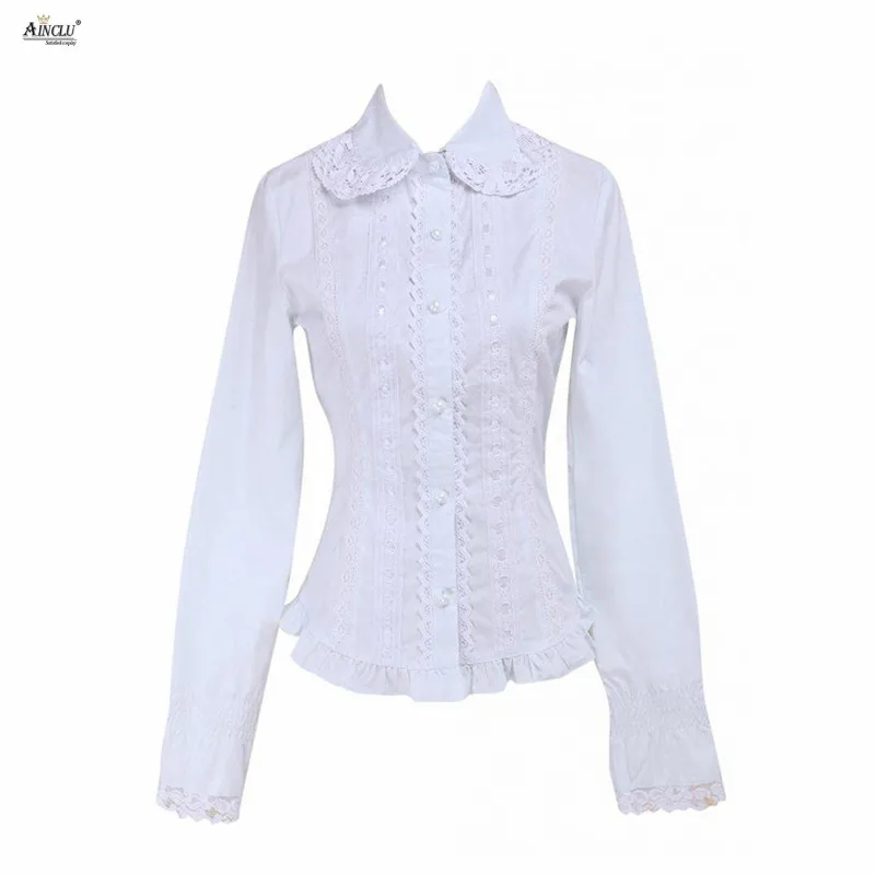 White Womens Lolita Blouse Cotton Lace Long Sleeves Natural Girls Fashion Lolita Top Casual  Party Club Ainclu XS-XXL