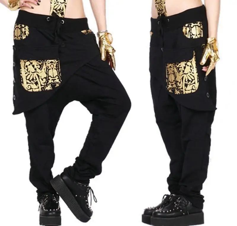 

Adult Kids Women sweatpants costume wear big crotch bronze pencil pants Gold Silver trousers Hip hop harem dance Pants