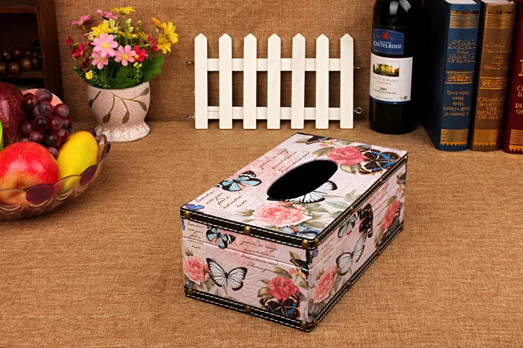 1PC Waterproof Roses Butterfly Vintage Style Tissue Boxes Wooden PU Hotel Restaurant Decoration Tissue Cases Europe Style NA 008