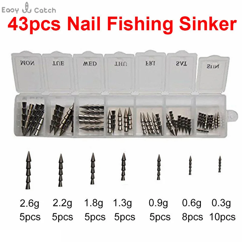 43pcs 100% Tungsten Nail Pagoda Fishing Sinker Small Thin Worm Weights Sinkers Insert Into Soft Plastic Lures Set With Box