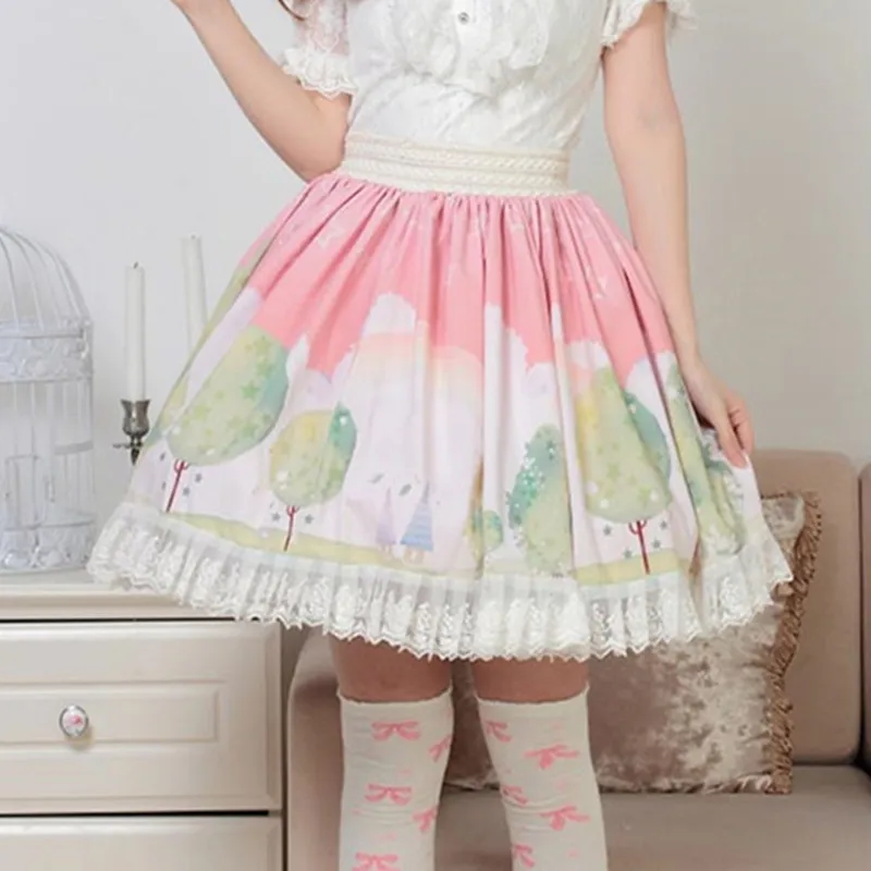 

Plus Size Women Printed Skirt Soft Girl Dream Lotus Leaf Flowers Drawing Lolita Princess Pleated Lace Hem Fashion Quality Skirts