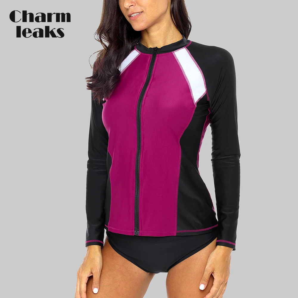 Charmleaks Women\' Long Sleeve Zipper Rashguard Shirt Swimsuit Patchwork Swimwear Surfing Top Hiking Shirt Rash Guard UPF50+