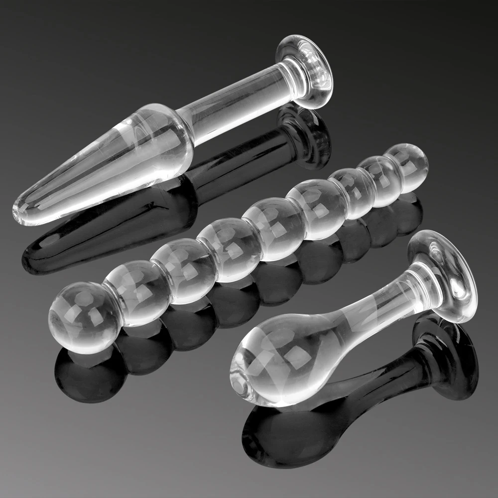 IKOKY 3Pcs Crystal Anal Dildo Beads Pyrex Glass Butt Plugs Ball Fake Penis Female Masturbate Sex Toys for Adult Women Men Gay