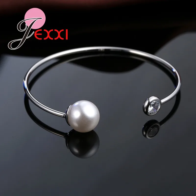 Marvelous 925 Sterling Silver Open Cuff Bangle Bright Clean Pearl Twinkling Cubic Ziron For Female Women Jewelry Free Ship