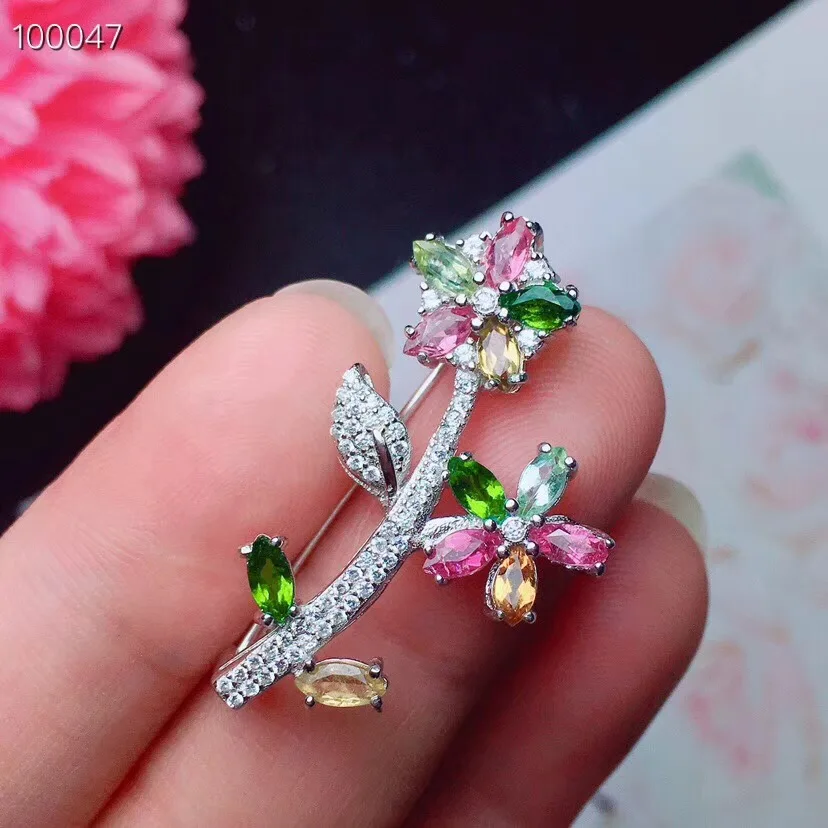 Beautiful twig brooch Natural tourmaline ,  in many colors, 925 silver, gemstone,