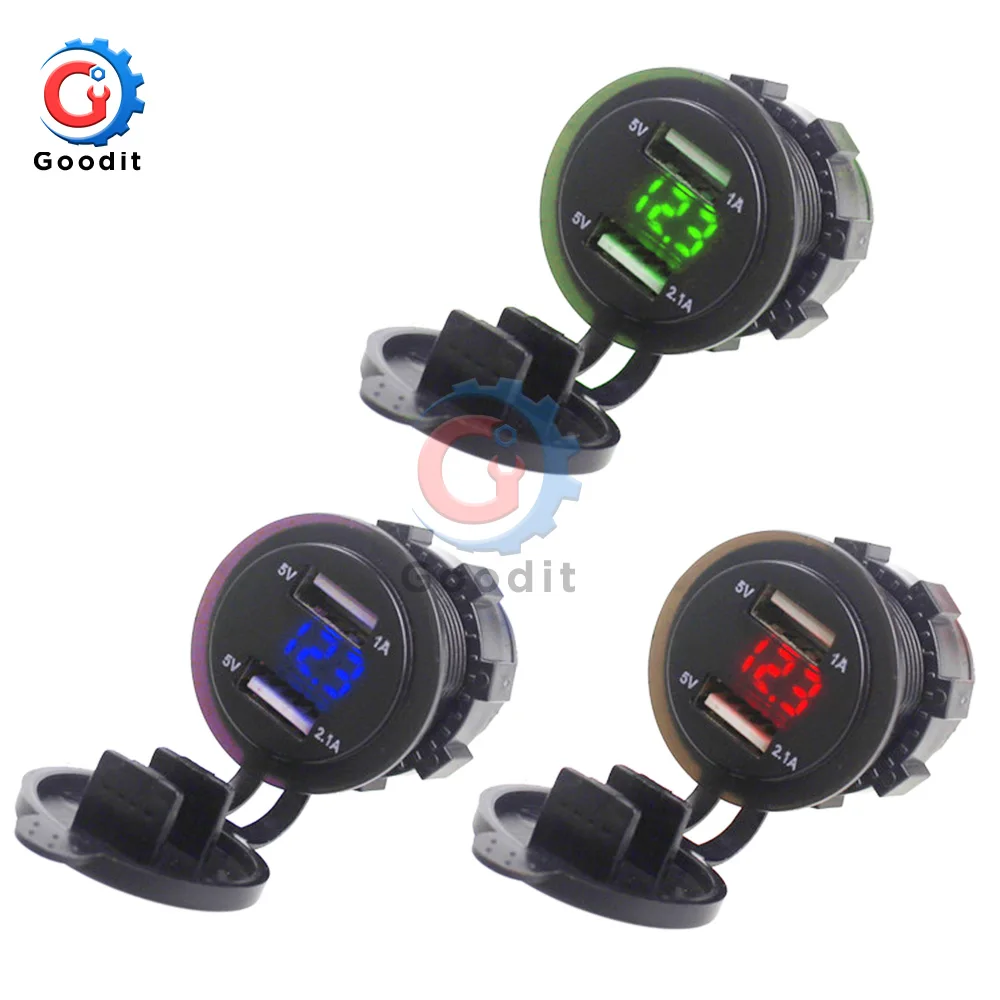 Dual USB Port Car Charger Cigarette Lighter Socket Plug LED Digital Voltmeter Waterproof Mobile Phone Smart Charging Adapter