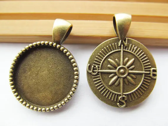 100pcs Heavy Antique Bronze/Anque Silver tone Vintage Compass Base Setting Pendant Charm/Finding,20mm Cabochon/Cameo Tray Bezel