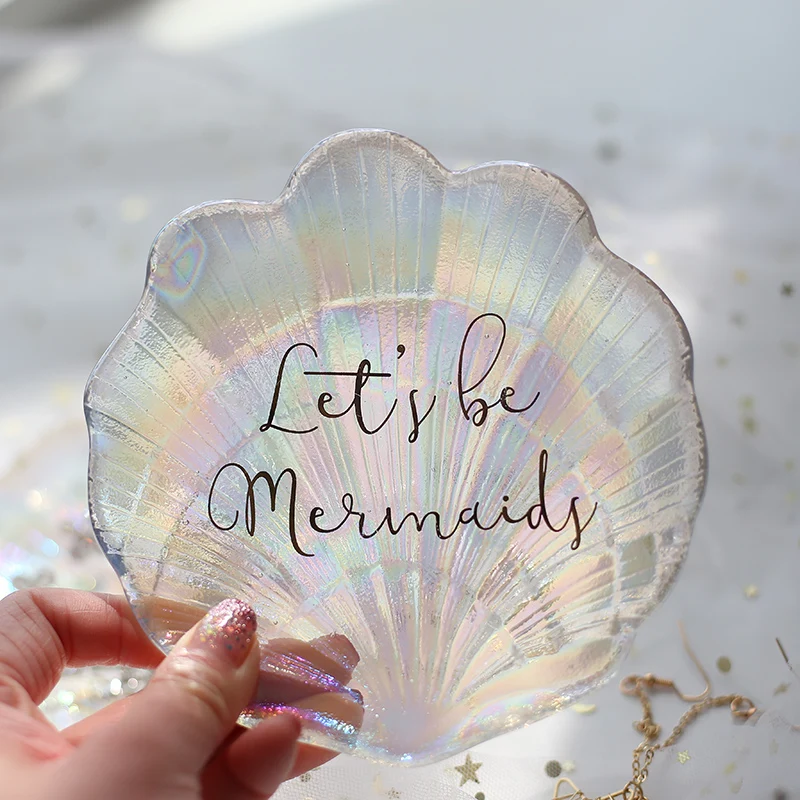 Mermaid Shell Glass Plate Dish, Small Fancy Jewelry Storage Tray, Ring Trinket Dish, Wedding Decoration Gift for Girls