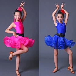 Girls Blue Red Professional Latin dancing dress Kids Ballroom Salsa Dance wear Outfits Children's Party Stage wear costumes