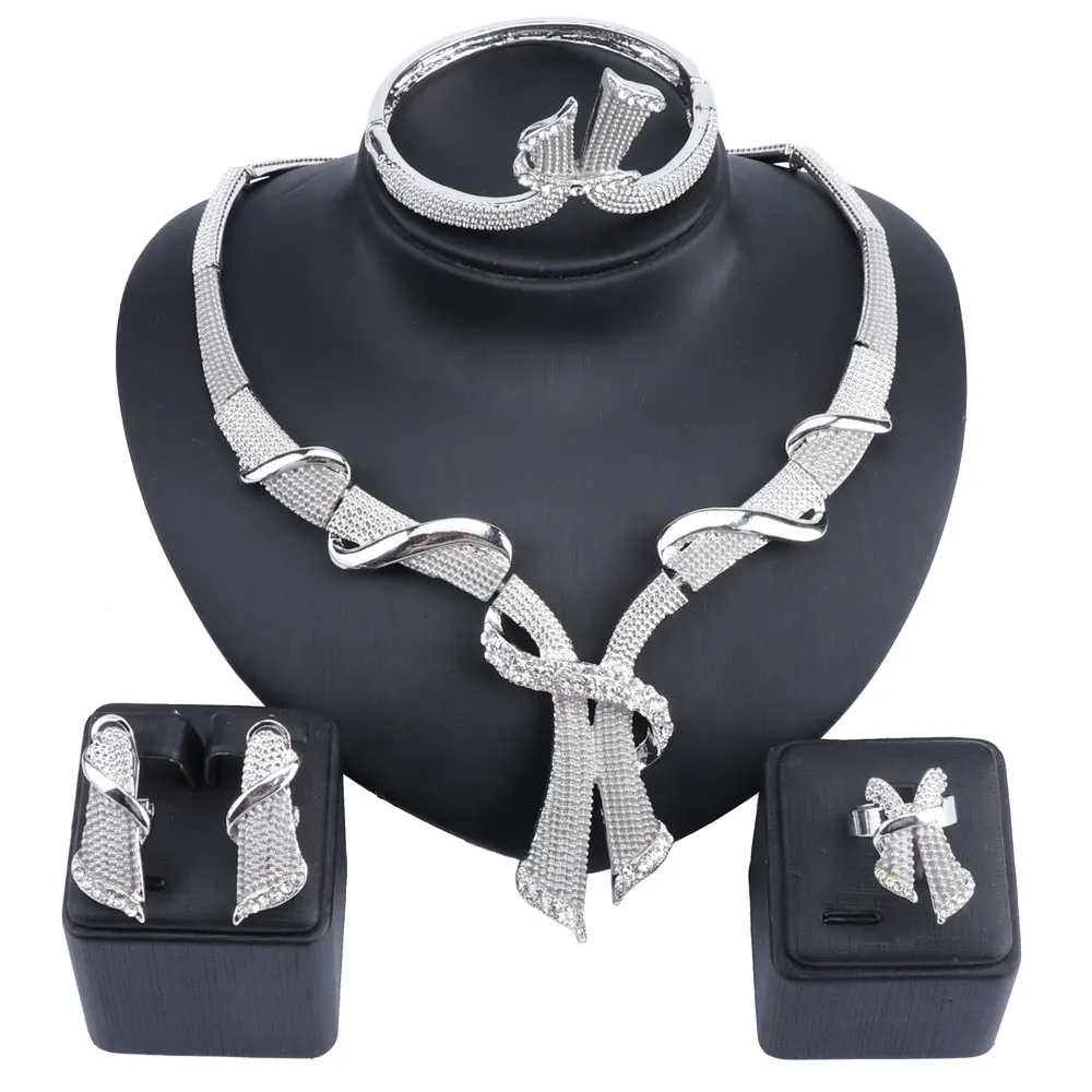 Dubai Silver Color Crystal Jewelry Sets Wholesale Bridal Accessories Nigerian Wedding Necklace Earring Bijoux Femme Jewelry Set