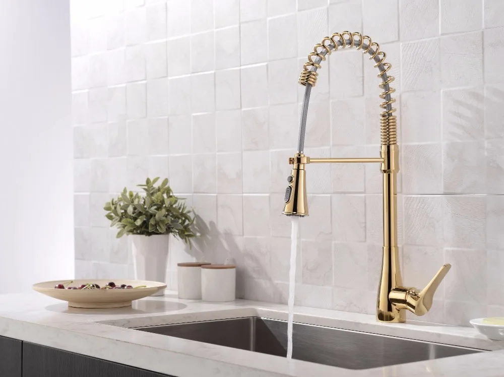 Luxury gold Brass Singel Lever Tall Pull Down golden Kitchen Faucet with Retractable Pull Out Wand Sprayer Head Swivel Spout