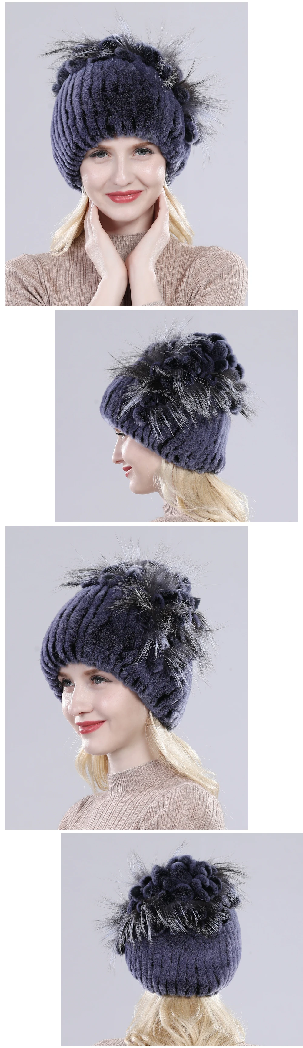 Neue Russische Damen Echt Rex-Kaninchenfell Mützen Luxuriöse Gestrickte Blumen Echte Rex-Kaninchenfell Kappe Winter Echt-Fell Beanie Mütze – Detail 3