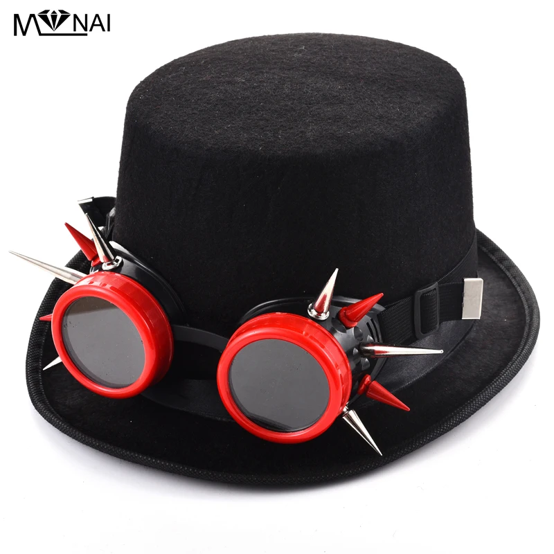 Fashion Women Men Spikes Red/Black Goggles Fedora Hat Steampunk Punk Rivet Glasses Cosplay Party Hats Accessories