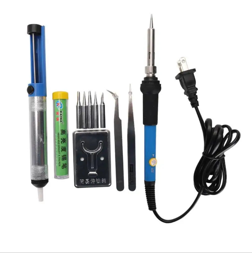 110V US อุณหภูมิปรับ Soldering Iron Handle + 5Pcs IronTips + Desoldering Pump + สายบัดกรีขาตั้งแหนบเครื่องมือเชื่อม