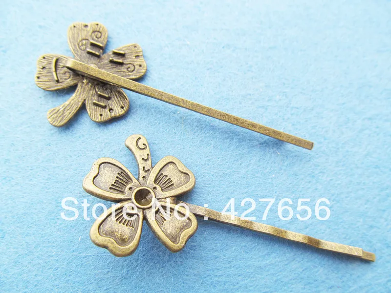 2pcs good quality antique bronze four-leaved clover /Lucky Clover hairpin,pendant/hanging charm/finding,fit cabochon/ cameo