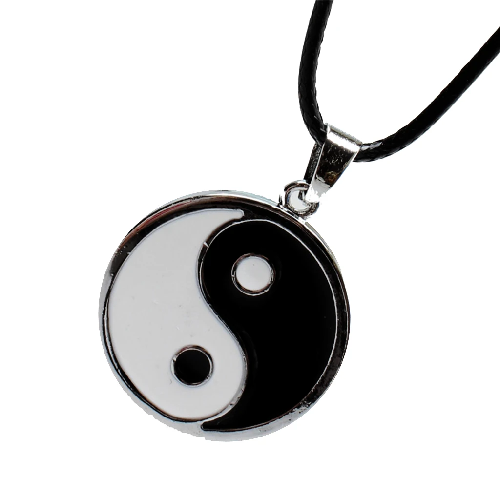 Yin Ying Yang Pendant Black White Necklace Charm with Black Leather Cord 20\