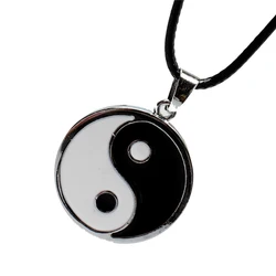 Yin Ying Yang Pendant Black White Necklace Charm with Black Leather Cord 20