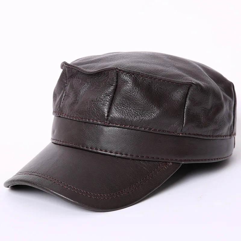 Men\'s Leather Hat Adult Autumn Winter Leather Cap Students Octagonal Cap Genuine Leather Flat Hat Male Peak Baseball Cap B-7288