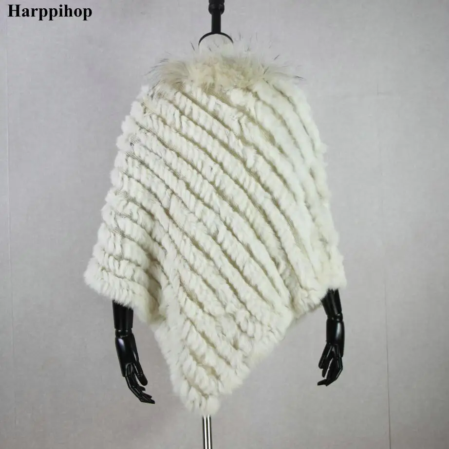 

New Women Fashion Pullover Knitted Genuine Rabbit Fur Raccoon Fur Poncho Cape Real Fur Knit Amic Wraps Triangle Shawls Coat