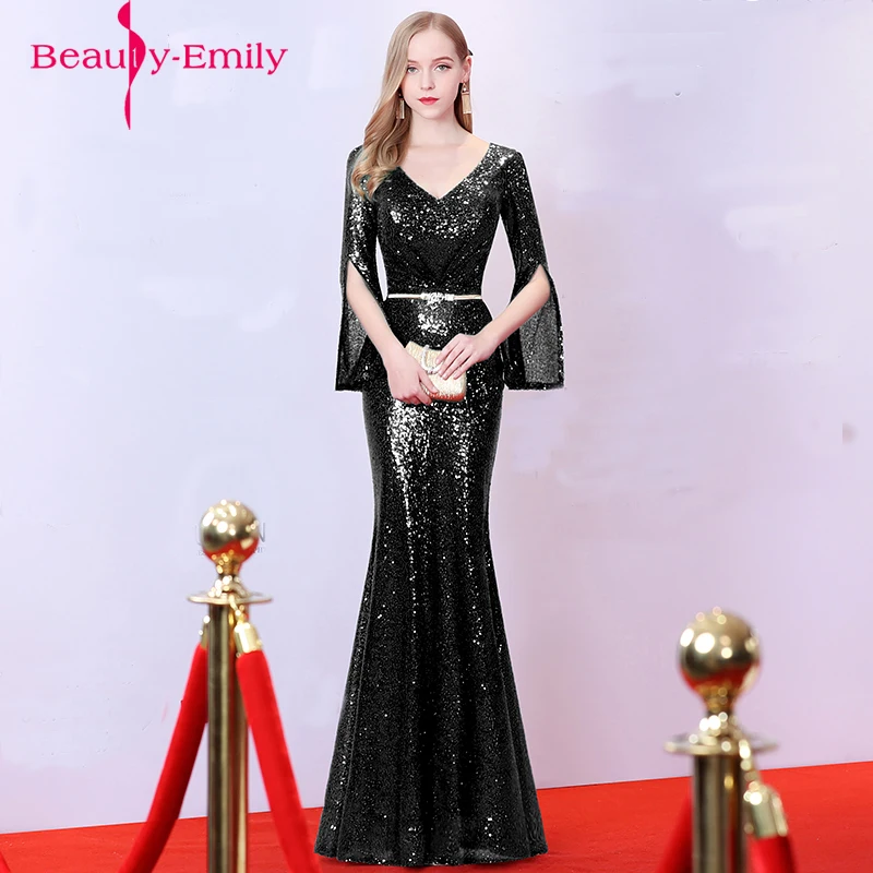 

Winter women Estido de festa Luxury Evening dresses noble black robe de soiree Gold Sequins Mermaid Evening gowns Long 2018 Best