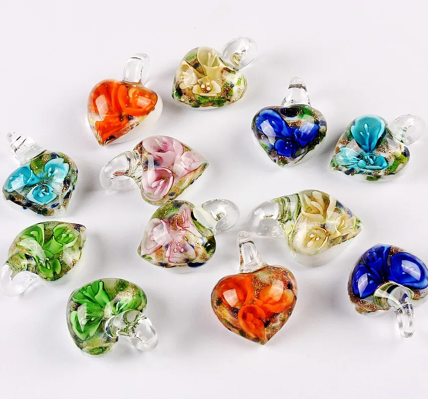 QianBei Wholesale 6Pcs Fashion Heart Shape Flower Charm Glass Pendant Bead Woman For Earring Necklace Jewelry Accessaries Girl