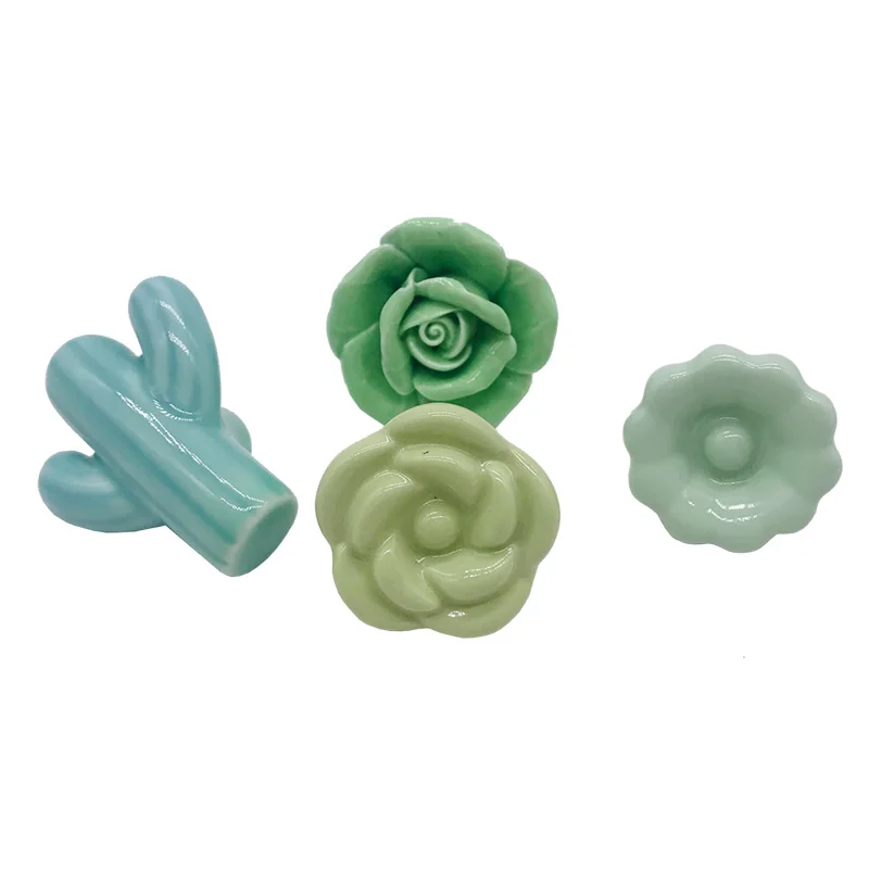 Green Rose Cactus Ceramic cabinet pulls/Kitchen Drawer Cabinet Handle Furniture Knobs Hardware Cupboard Pull KNobs Cute for Kids