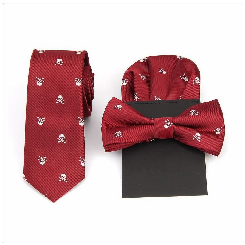 

Men's Skull Slim Ties Fashion Bowtie Party Neck Tie Set Pocket towel