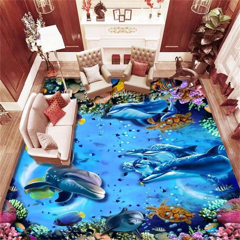 

beibehang Custom photo floor painting underwater world dolphin coral 3D floor three-dimensional painting tiles papel de parede