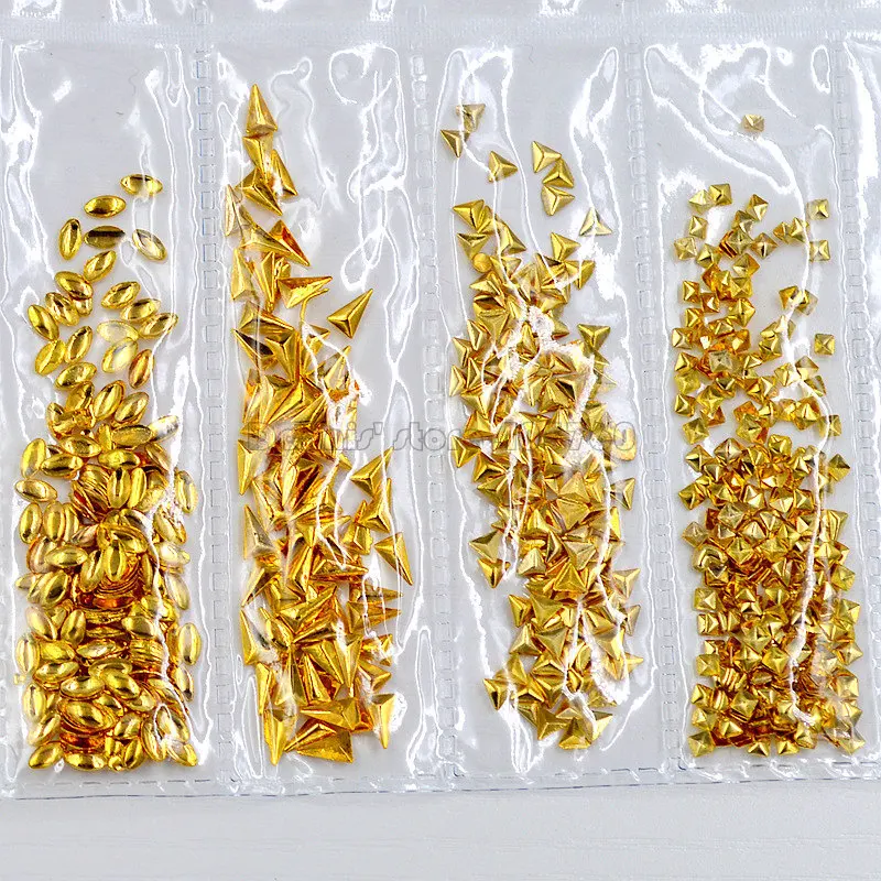 1 Pack Mix Shape Gold 3D Rectangle Triangle Square Drop Oval Metal Stud Nail Art Rhinestones Gems Decorations DIY Salon Tip 11#