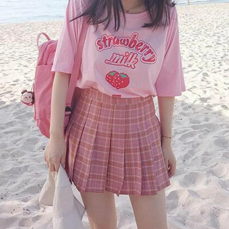 hahayule Pink girl Series Strawberry Milk Graphic Summer Fashion 100% Cotton Casual Tops Korean Style Girl Funny  Short Sleeves