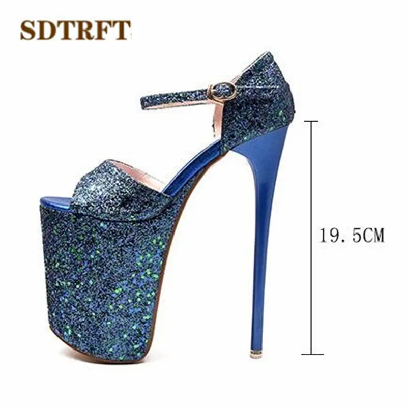 SDTRFT Sequins shoes woman Plus:34-42 43 Summer ladies platforms Pumps Sexy 20cm thin Heels Narrow Band dress Sandals US14 15 16