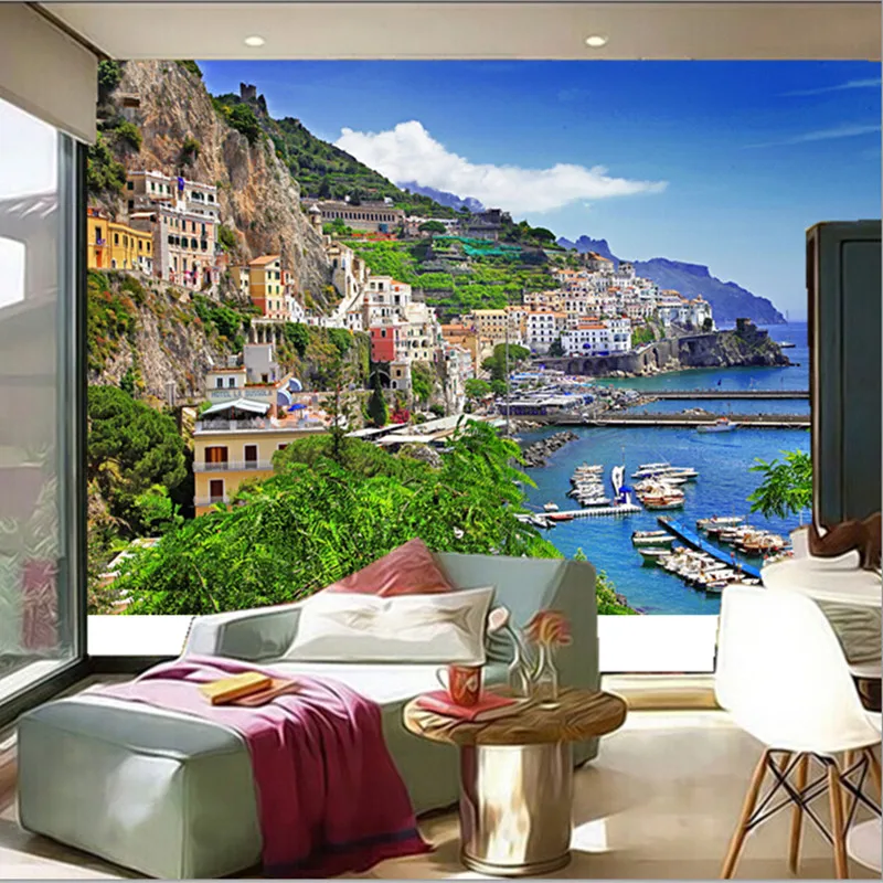 The  custom 3D murals, Italy Houses Marinas Mountains Positano Cities wallpapers,the living room sofa TV wall bedroom wall paper