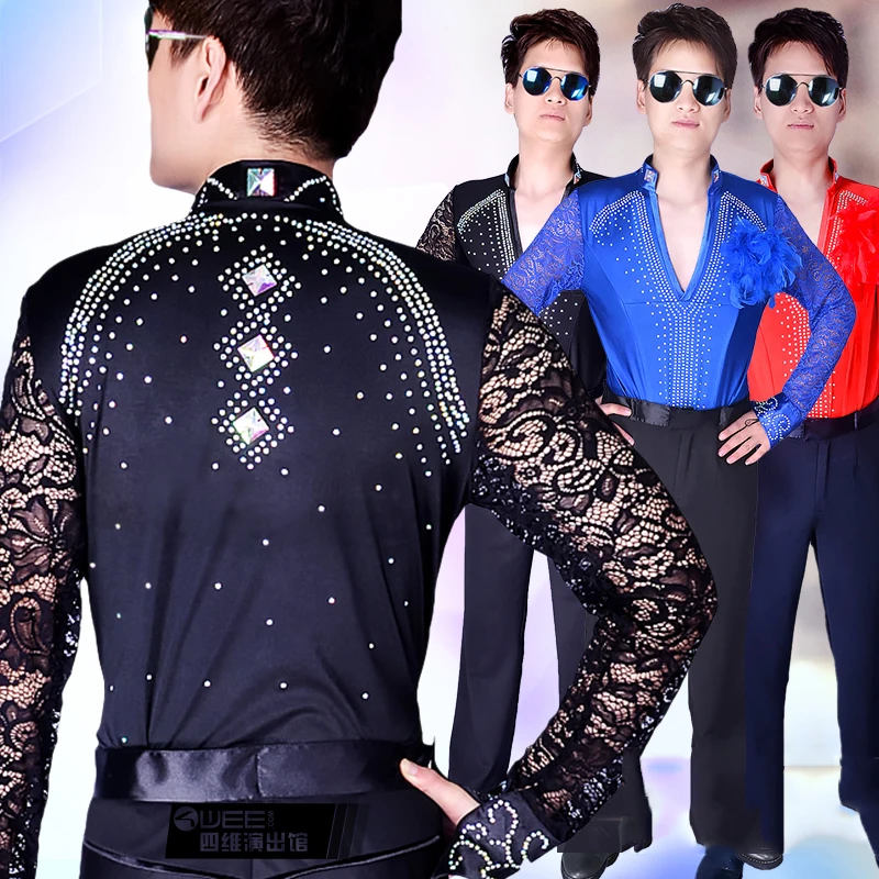 Latin Dance Shirts Men Rhinestone Lace Long Sleeves Leotard Competition Men Latin Ballroom Shirt Male Dancing Clothes DNV10995