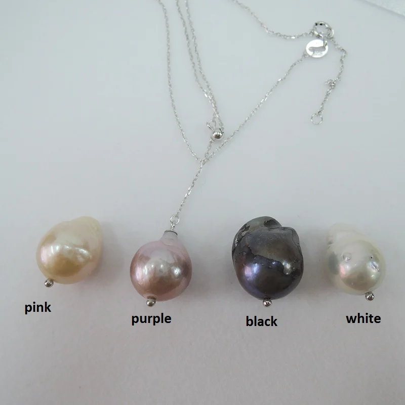 100% nature freshwater pearl pendant necklace,925 silver chain-13-16 mm big baroque pearl pendant necklace,silver and gold color