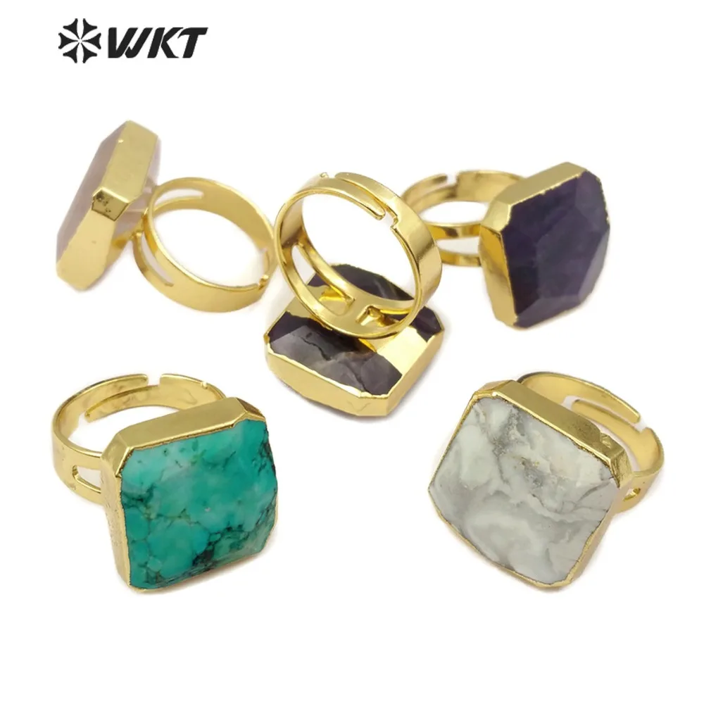 WT-R216 Faceted Gem-stones Rings Jewelry Turquoises Amethysts Adjustable Ring With Gold Electroplated Women Boho Jewelry