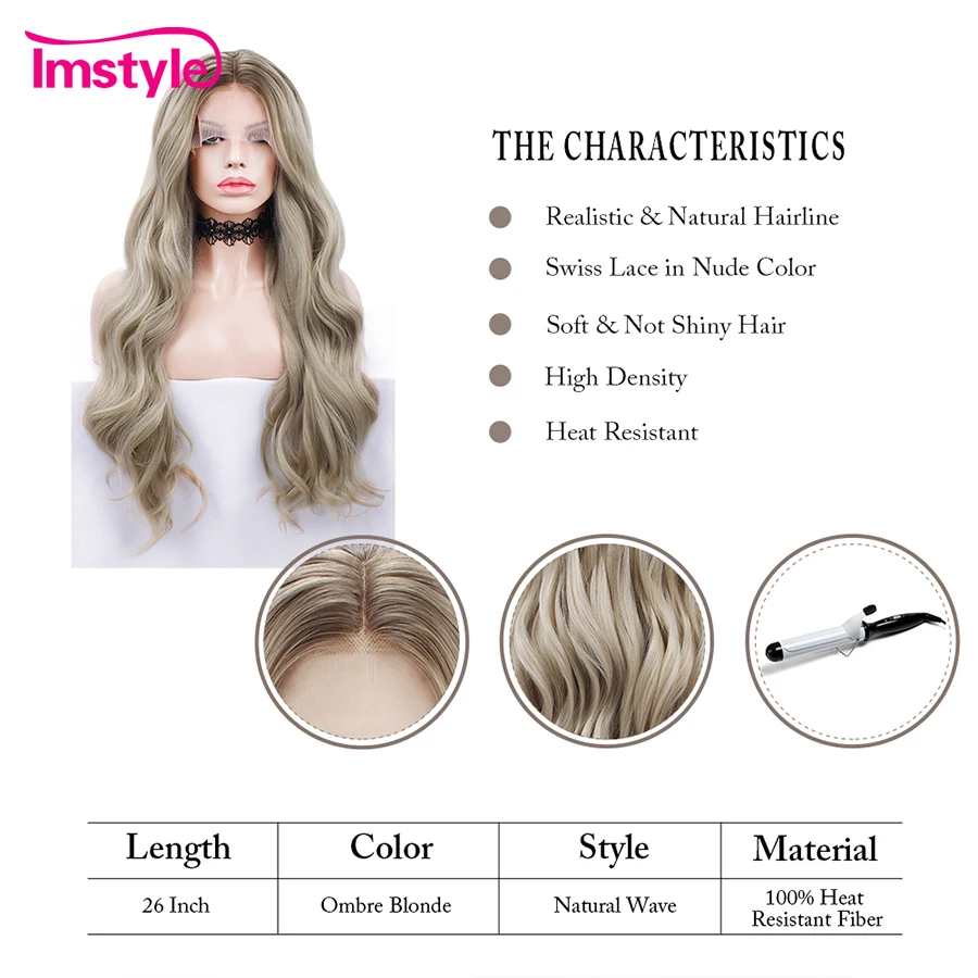 Imstyle-Peluca de cabello sintético con malla frontal para mujer, postizo largo con ondas al agua, fibra resistente al calor, Natural, color rubio degradado, uso diario