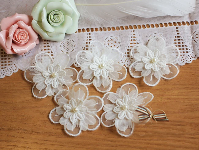 

30pcs 5.5cm 2.16" wide ivory beads 3D organza embroidery lace appliques patches L14M20