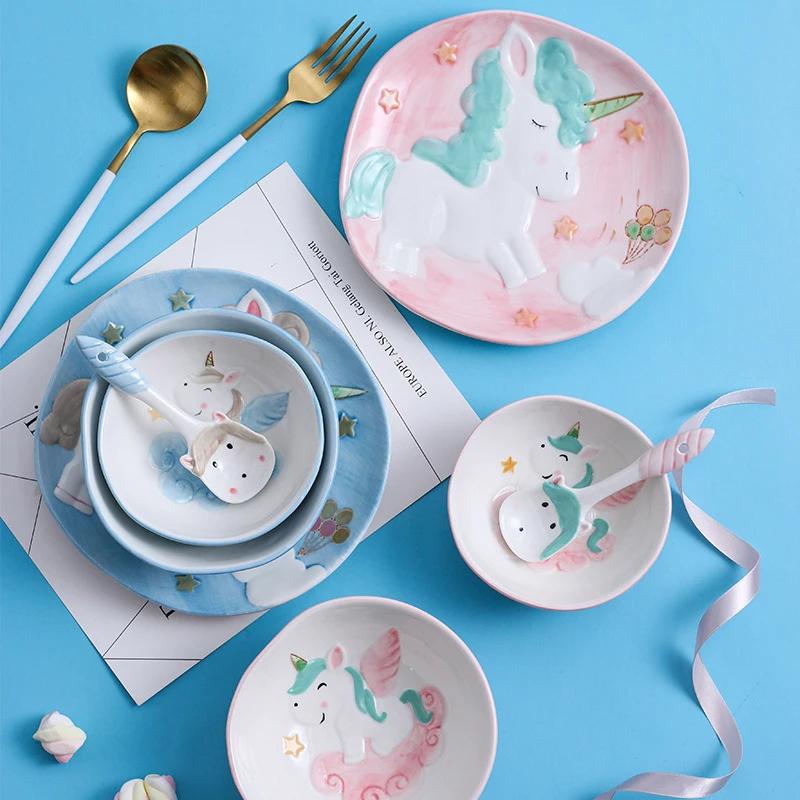 

Ceramic Cutlery Set Plate Rice Bowl Cartoon Tray Vajilla Dish Children Unicorn Tableware Food Tray Set Hand-painted Dinnerware