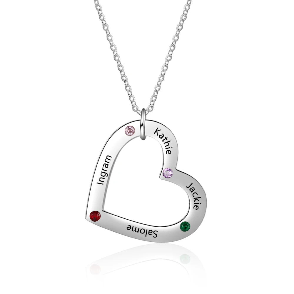 Personalized Necklace Stainless Steel Heart Pendant Engraved 4 names DIY Birthstones Custom Jewelry Anniversary Gift for Women