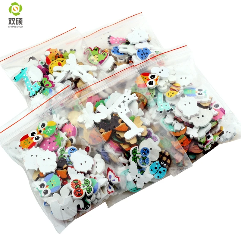 ShuanShuo Cartoon Printing Wooden Buttons Hand Printed DIY Jewelry Colorful Mixed Wood Buttons For Hat, Shoes, Clothes 50PCS/Bag